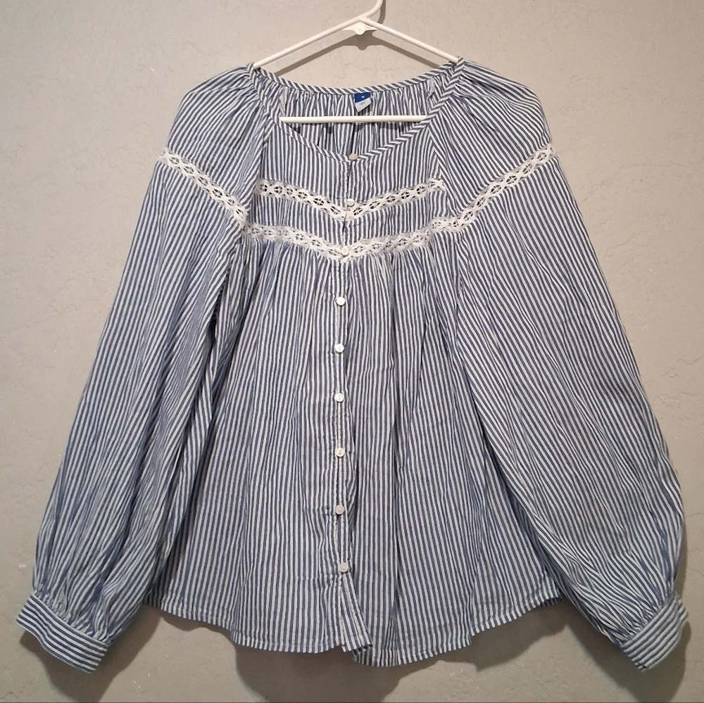Old Navy Puff Sleeve‎ Lace Button Front Striped Blouse Lightweight Peasant Boho